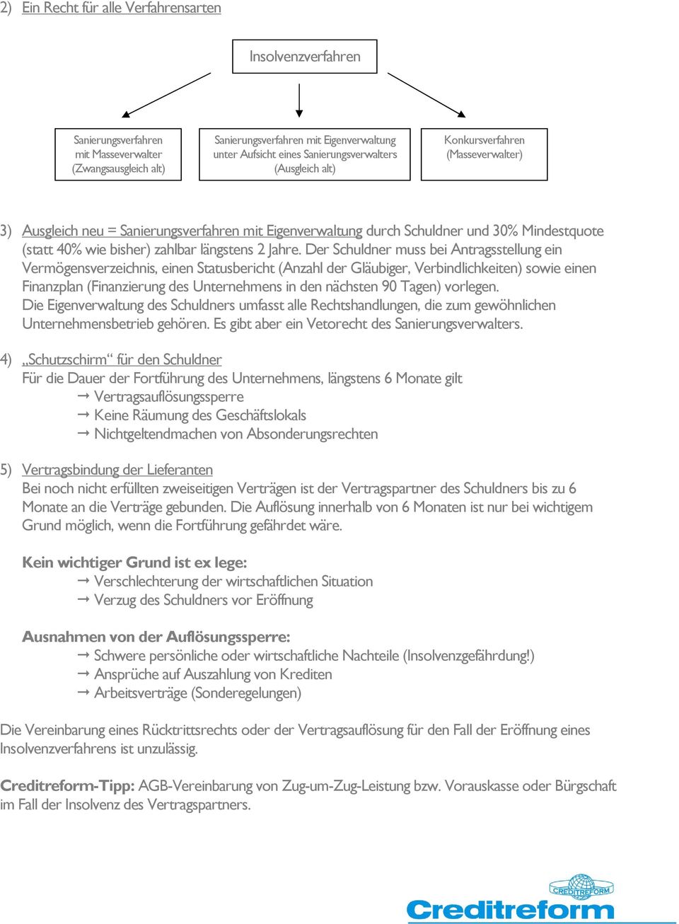 Der Schuldner muss bei Antragsstellung ein Vermögensverzeichnis, einen Statusbericht (Anzahl der Gläubiger, Verbindlichkeiten) sowie einen Finanzplan (Finanzierung des Unternehmens in den nächsten 90