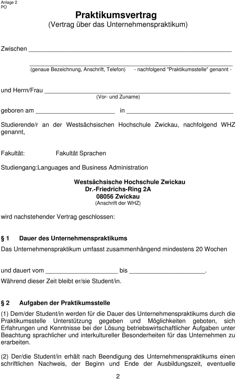 Vertrag geschlossen: Westsächsische Hochschule Zwickau Dr.