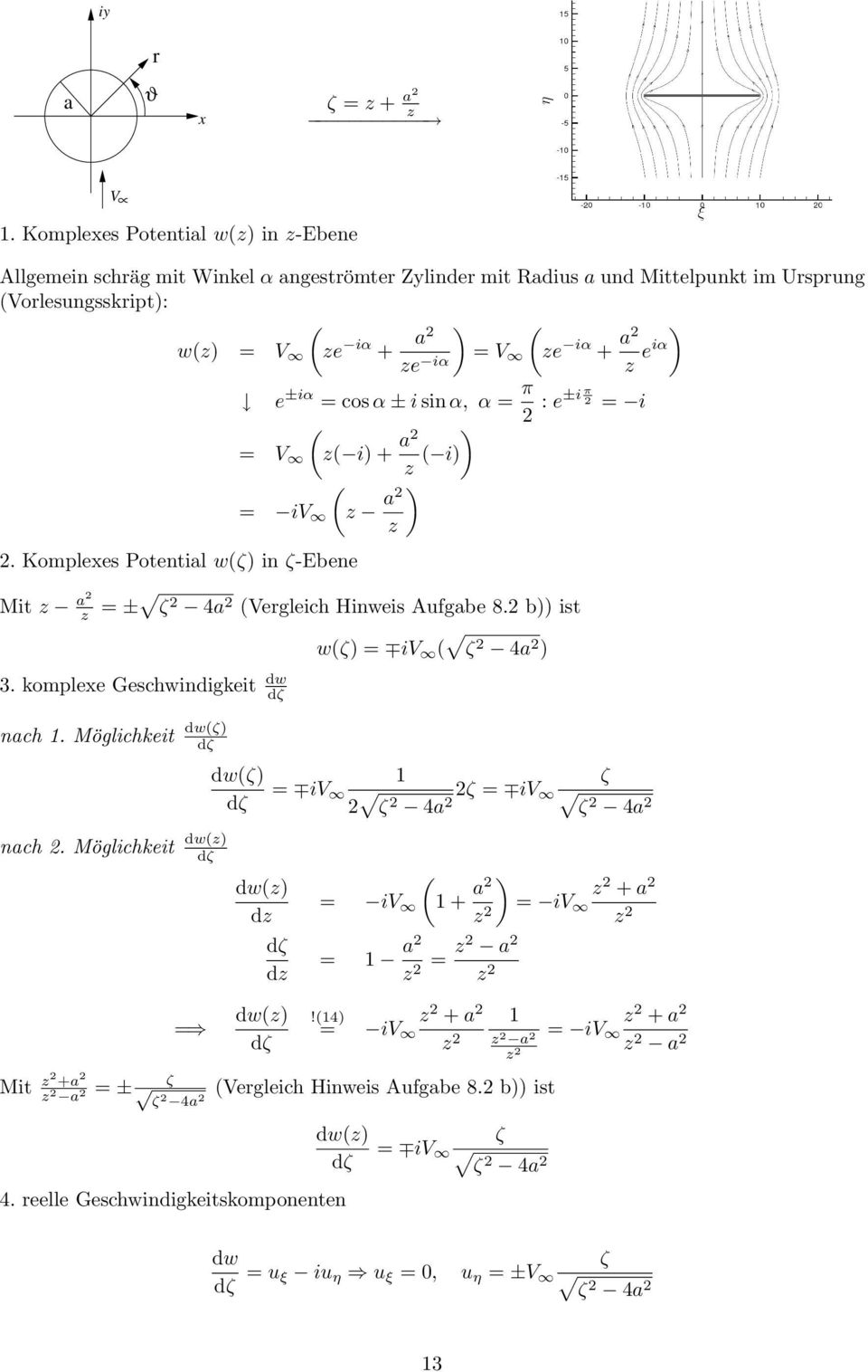 Komplexes Potential wζ in ζ-ebene Mit a2 e ±iα = cos α ± i sin α, α = π 2 : e±i π 2 = i = V i + a2 i = iv a2 = ± ζ 2 4a 2 Vegleich Hinweis Aufgabe 8.2 b ist 3.