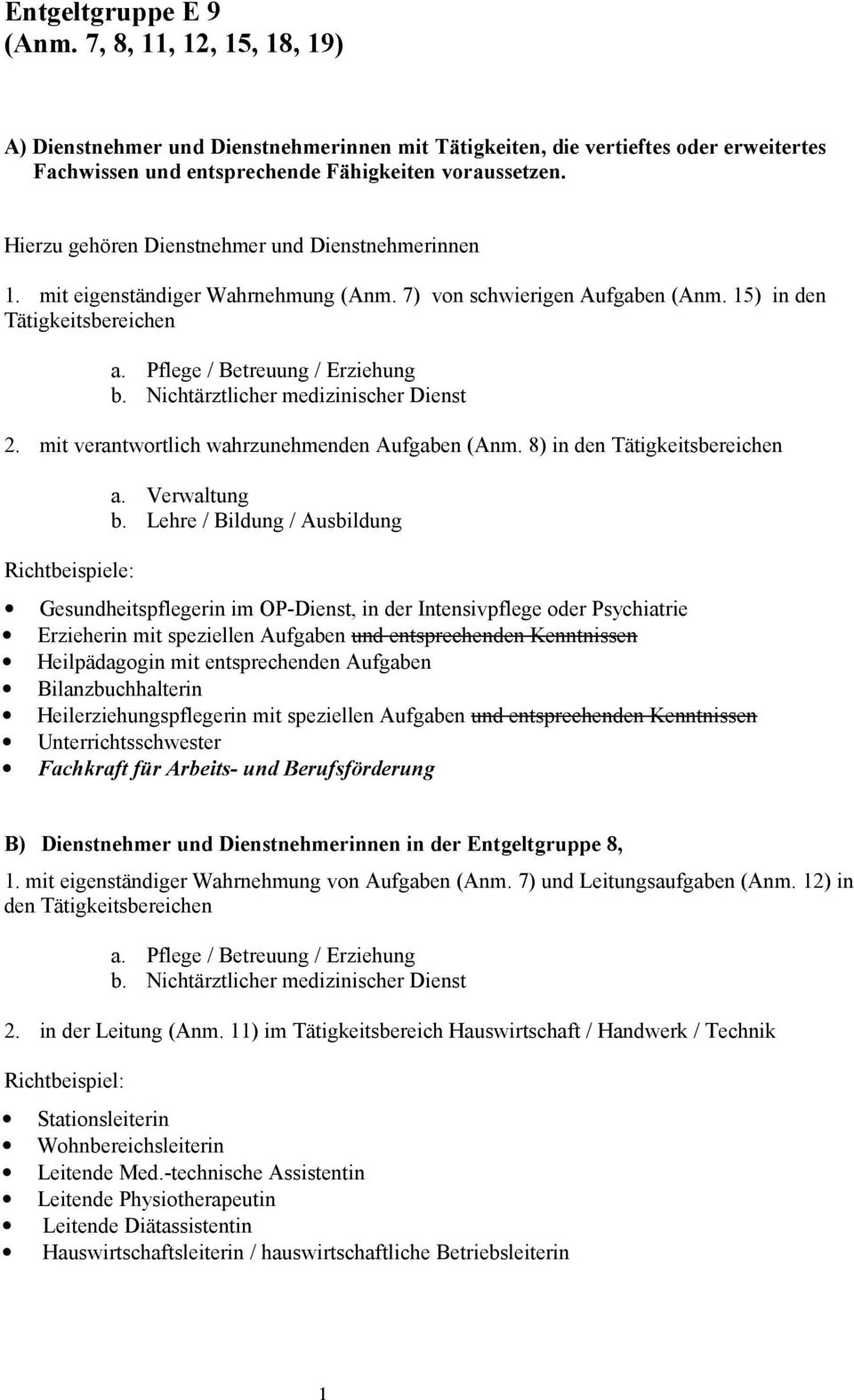 Nichtärztlicher medizinischer Dienst 2. mit verantwortlich wahrzunehmenden Aufgaben (Anm. 8) in den Tätigkeitsbereichen a. Verwaltung b.