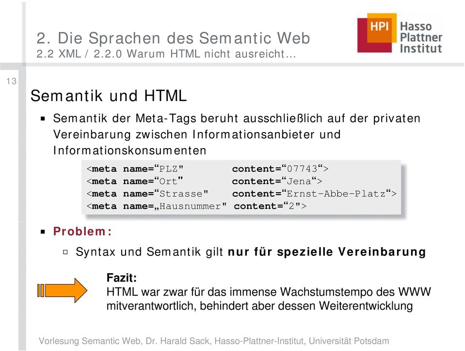 Jena > <meta name= Strasse" content= Ernst-Abbe-Platz > <meta name= Hausnummer" content= 2"> Problem: Syntax und Semantik gilt nur