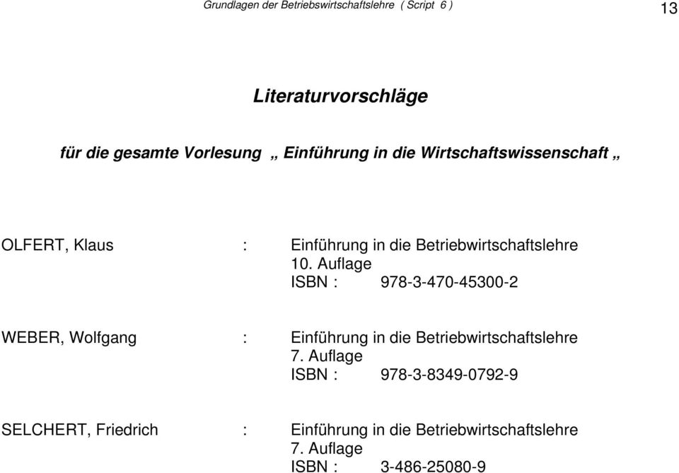Auflage ISBN : 978-3-470-45300-2 WEBER, Wolfgang : Einführung in die Betriebwirtschaftslehre 7.