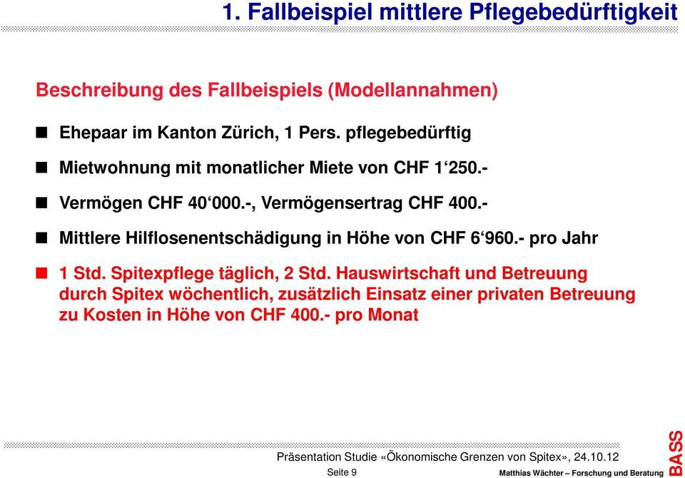 - Mittlere Hilflosenentschädigung in Höhe von CHF 6 960.- pro Jahr 1 Std. Spitexpflege täglich, 2 Std.