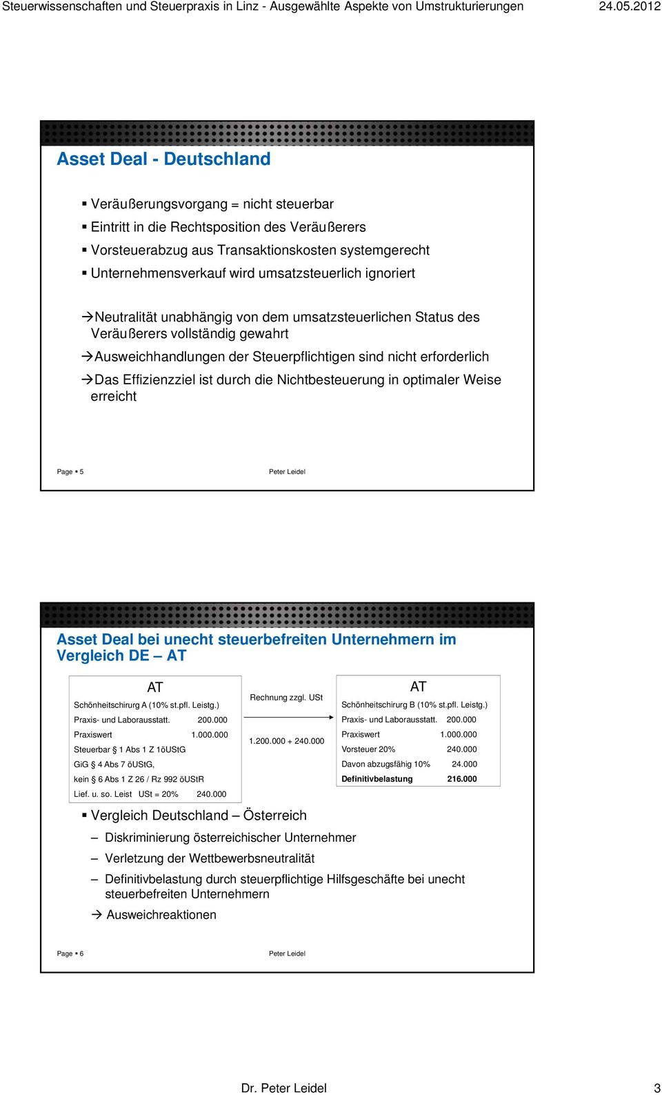 Effizienzziel ist durch die Nichtbesteuerung in optimaler Weise erreicht Page 5 Asset Deal bei unecht steuerbefreiten Unternehmern im Vergleich DE AT AT Schönheitschirurg A (10% st.pfl. Leistg.