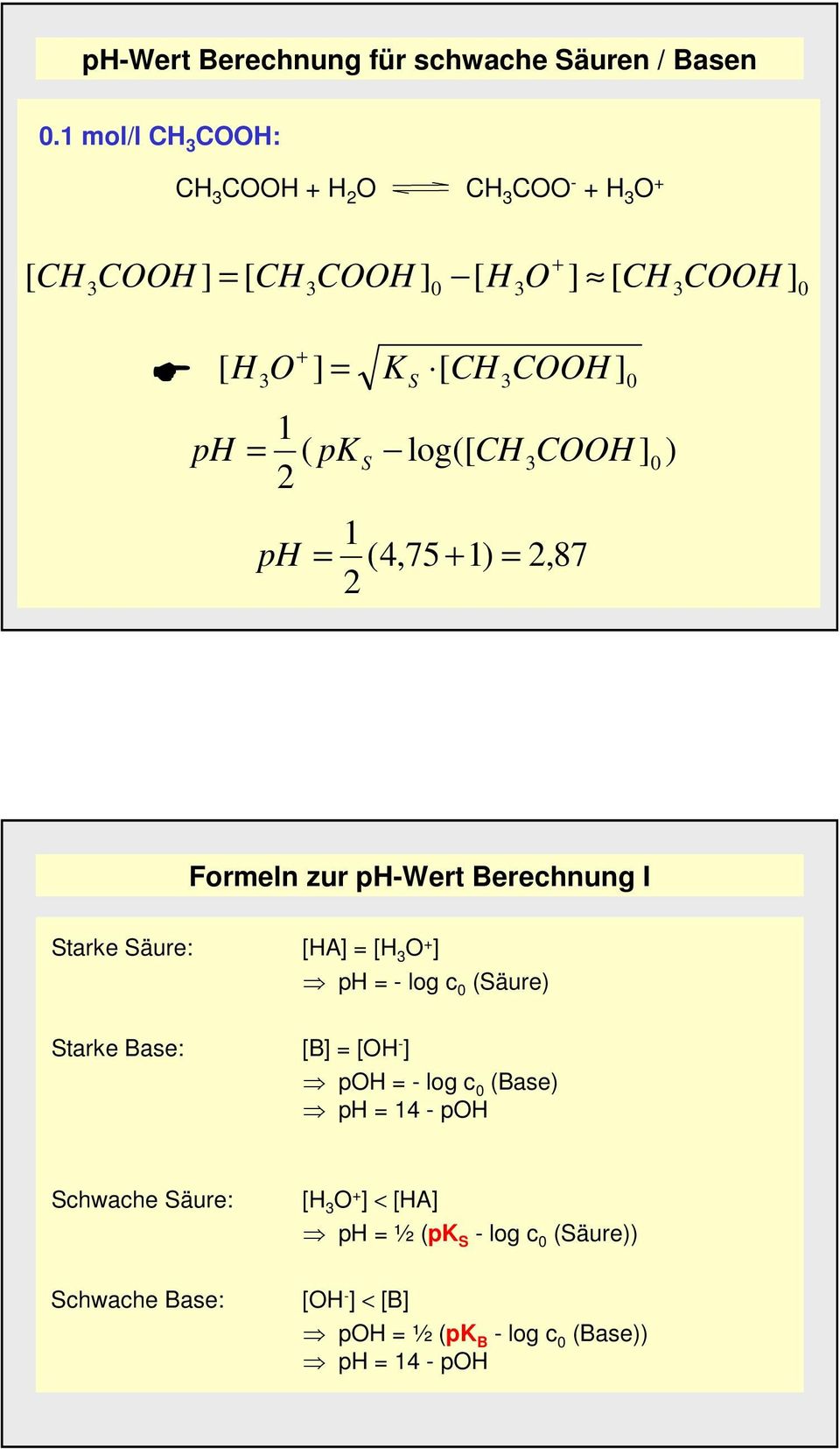 S 3COOH 0 ph = 1 ( 2 pk ph = S log([ CH COOH 3 ] 1 (4,75 + 1) = 2,87 2 0 ) Formeln zur ph-wert Berechnung I Starke Säure: [HA] = [H 3 O +