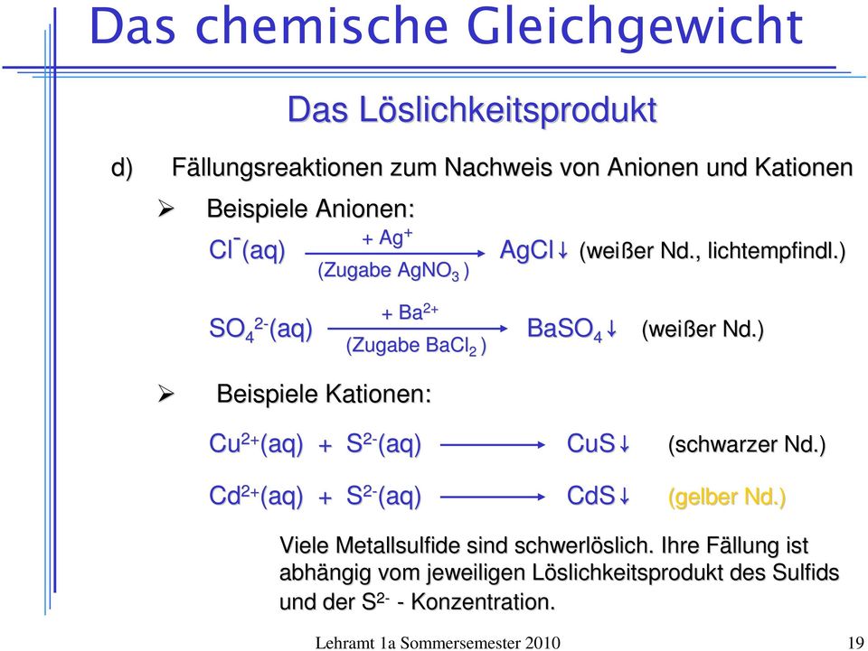 Beispiele Kationen: Cu + (aq + S - (aq CuS Cd + (aq + S - (aq CdS (schwarzer Nd. (gelber Nd.