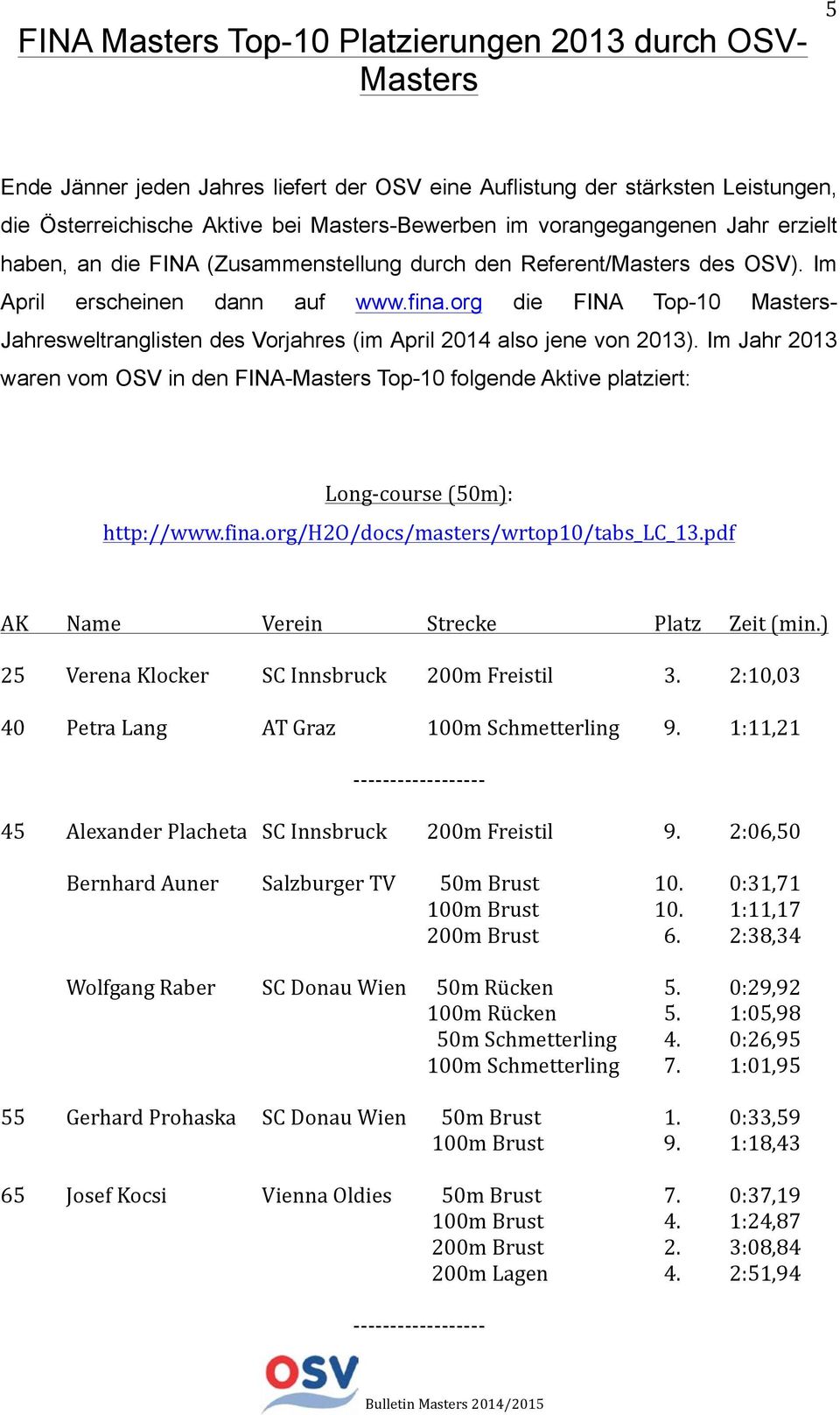 org die FINA Top-10 Masters- Jahresweltranglisten des Vorjahres (im April 2014 also jene von 2013).