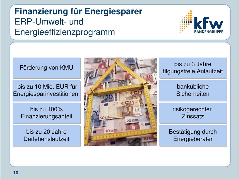 EUR für Energiesparinvestitionen bis zu 100% Finanzierungsanteil bis zu 20 Jahre