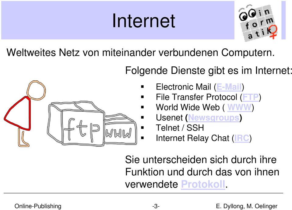 Protocol (FTP) World Wide Web ( WWW) Usenet (Newsgroups) Telnet / SSH Internet
