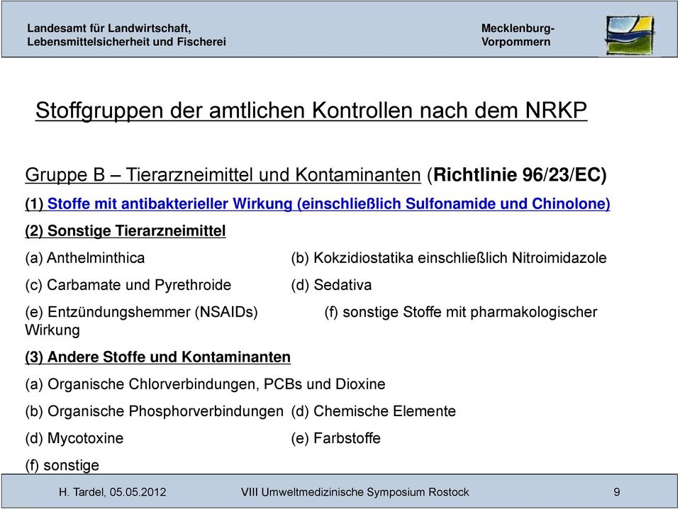 Sedativa (e) Entzündungshemmer (NSAIDs) (f) () sonstige Stoffe mit pharmakologischer Wirkung (3) Andere Stoffe und Kontaminanten (a) Organische Chlorverbindungen, PCBs und