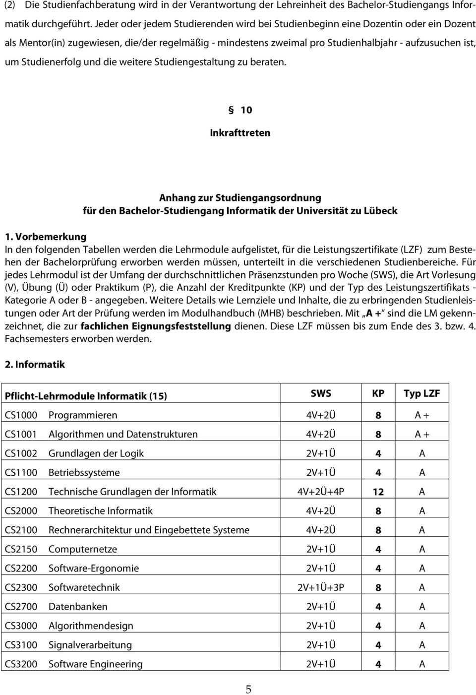 Studienerfolg und die weitere Studiengestaltung zu beraten. 10 Inkrafttreten Anhang zur Studiengangsordnung für den Bachelor-Studiengang Informatik der Universität zu Lübeck 1.
