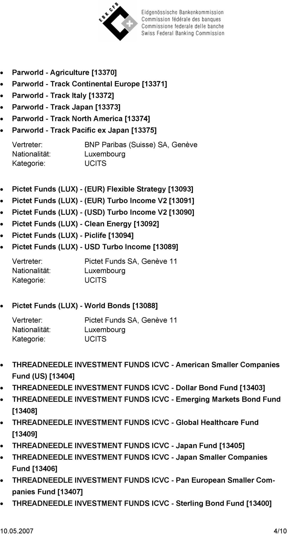 Income V2 [13090] Pictet Funds (LUX) - Clean Energy [13092] Pictet Funds (LUX) - Piclife [13094] Pictet Funds (LUX) - USD Turbo Income [13089] Pictet Funds SA, Genève 11 Pictet Funds (LUX) - World