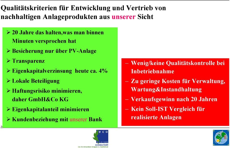 4% Lokale Beteiligung Haftungsrisiko minimieren, daher GmbH&Co KG Eigenkapitalanteil minimieren Kundenbeziehung mit unserer Bank Wenig/keine