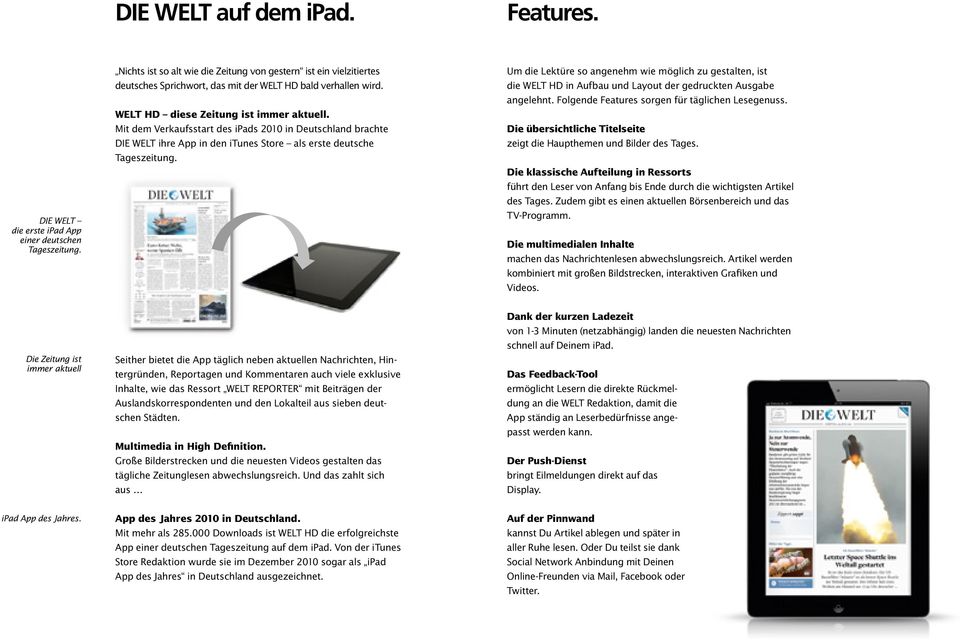 Mit dem Verkaufsstart des ipads 2010 in Deutschland brachte DIE WELT ihre App in den itunes Store als erste deutsche Tageszeitung.