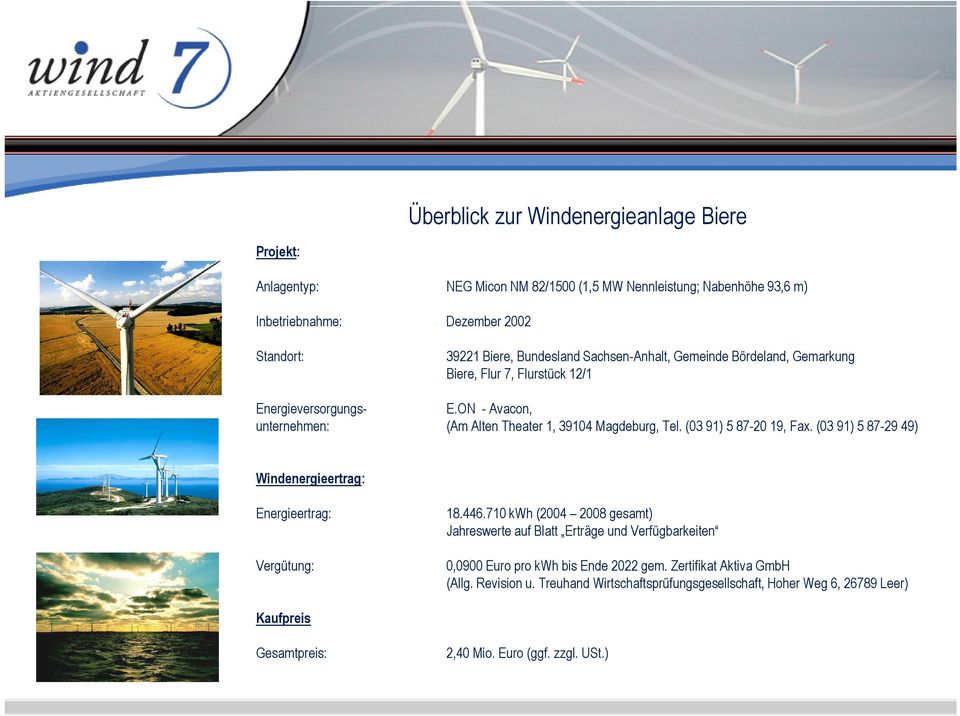 (03 91) 5 87-20 19, Fax. (03 91) 5 87-29 49) Windenergieertrag: Energieertrag: Vergütung: 18.446.