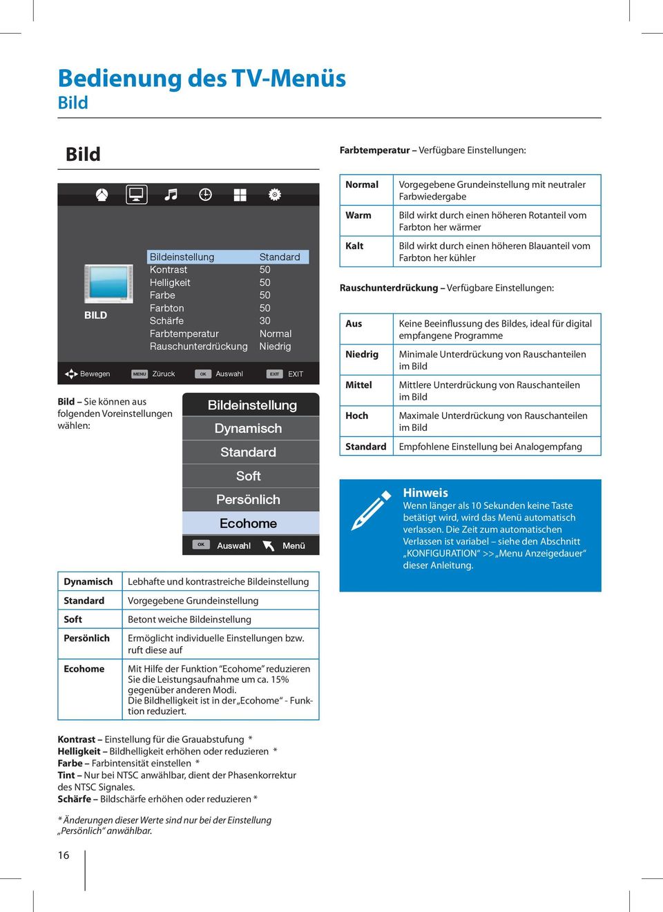 Bildeinstellung Bildeinstellung Dynamisch Standard Soft Persönlich Ecohome Auswahl Menü Ermöglicht individuelle Einstellungen bzw.