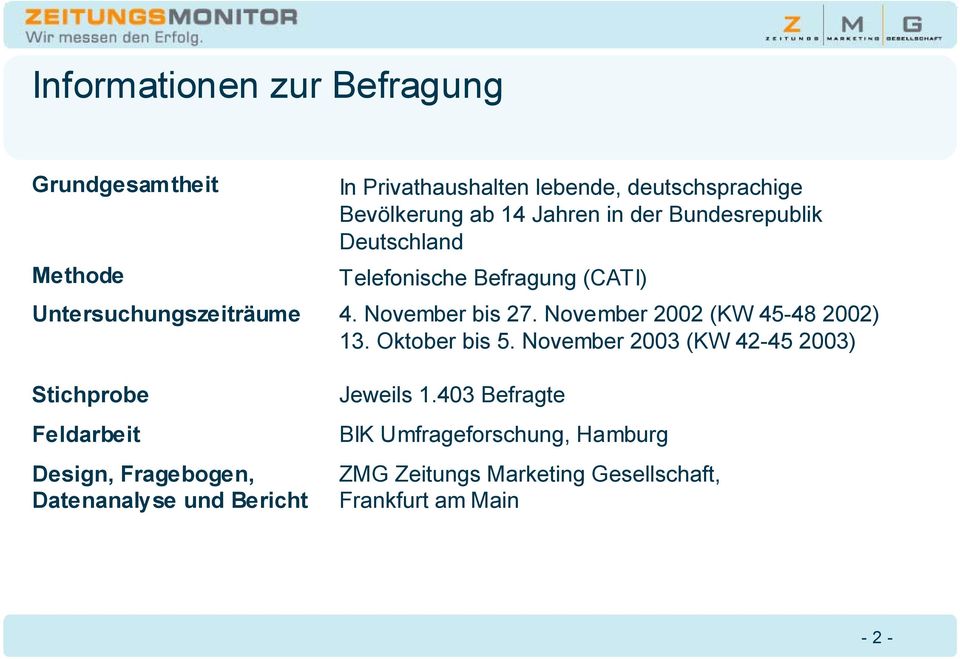 Deutschland Telefonische Befragung (CATI) 4. November bis 27. November 2002 (KW 45-48 2002) 13. Oktober bis 5.