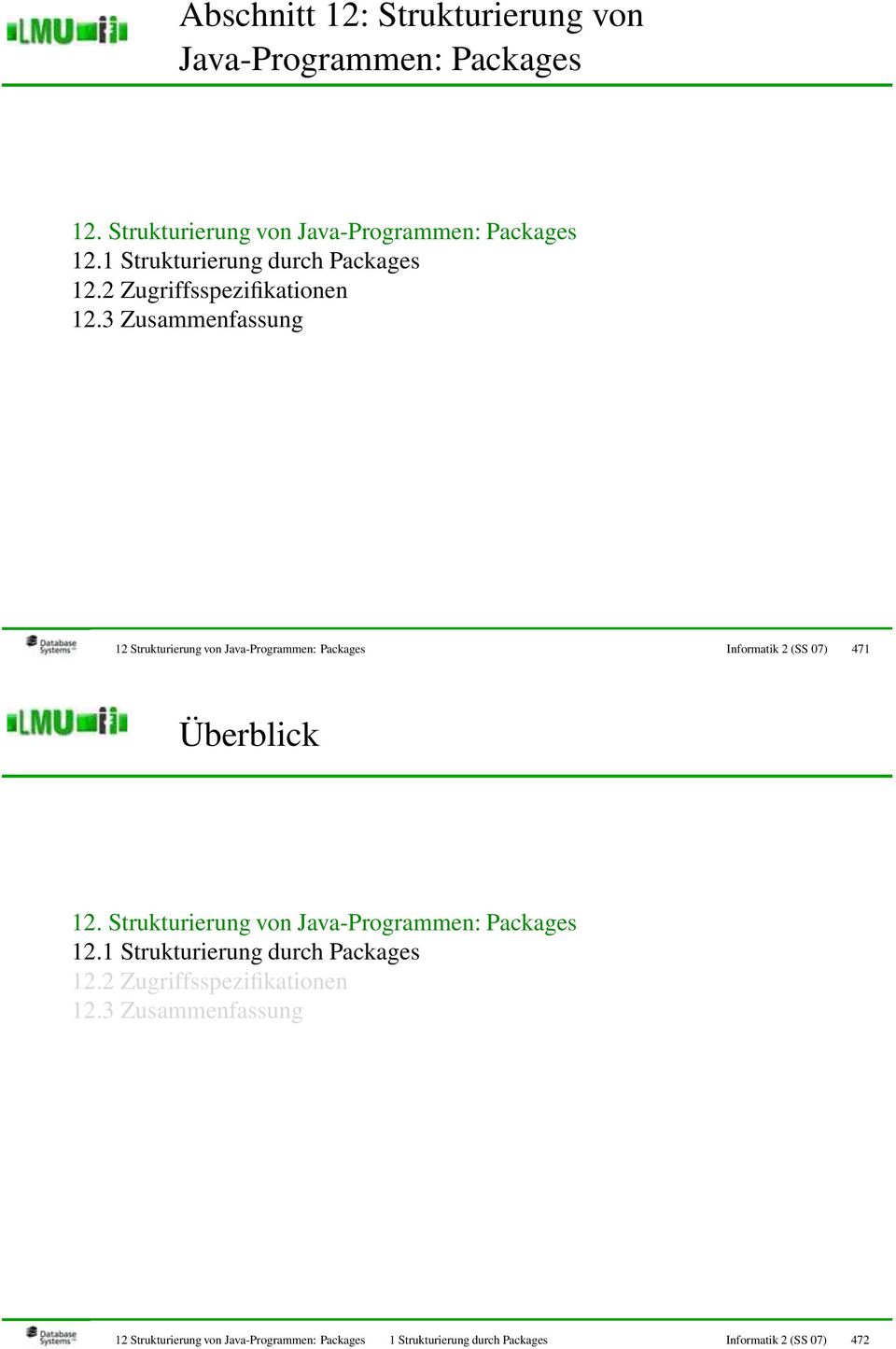 3 Zusammenfassung 12 Strukturierung von Java-Programmen: Packages Informatik 2 (SS 07) 471 Überblick 12.