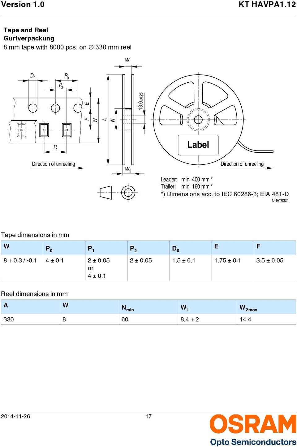 to IEC 60286-3; EIA 481-D OHAY0324 Tape dimensions in mm Tape dimensions in mm W P 0 P 1 P 2 D 0 E F 8 + 0.3 / -0.1 4 ± 0.