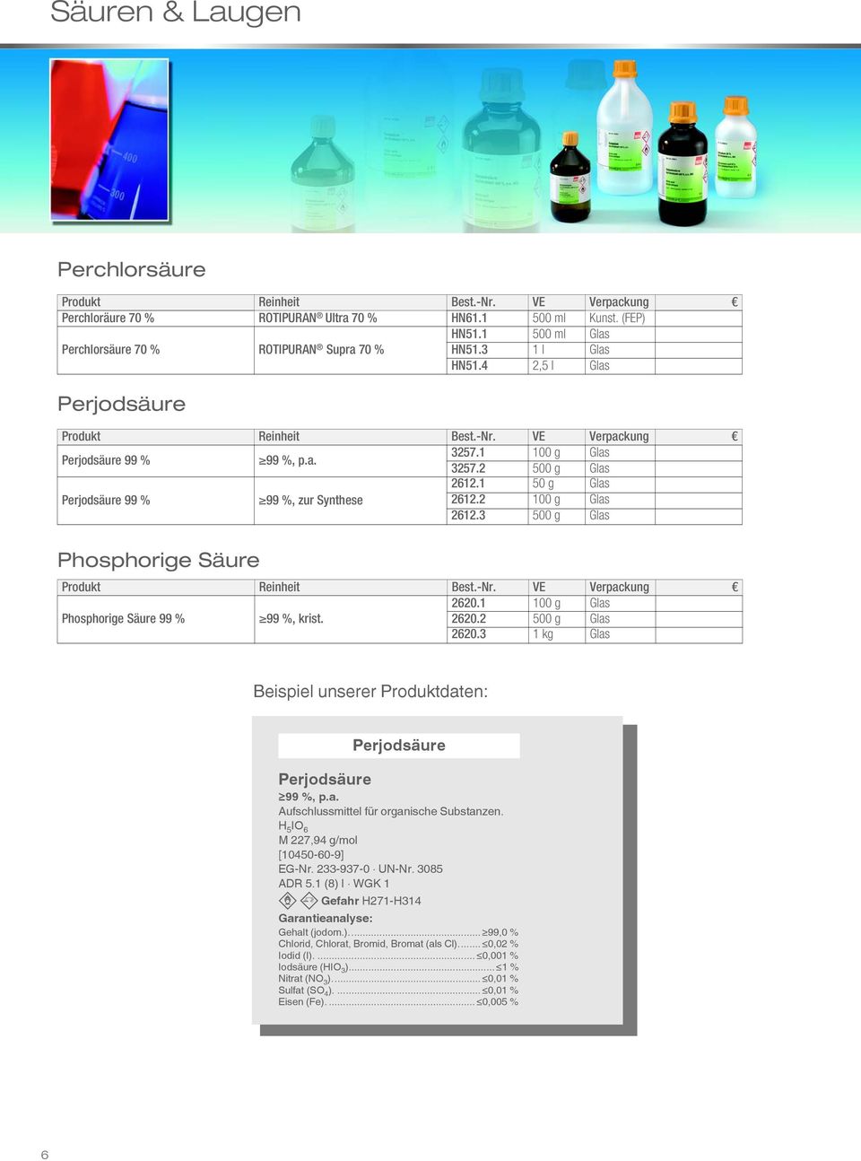 3 500 g Glas Phosphorige Säure 2620.1 100 g Glas Phosphorige Säure 99 % 99 %, krist. 2620.2 500 g Glas 2620.3 1 kg Glas Beispiel unserer Produktdaten: Perjodsäure Perjodsäure 99 %, p.a. Aufschlussmittel für organische Substanzen.