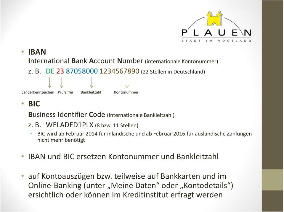 DE 23 87058000 1234567890 (22 Stellen in Deutschland) Länderkennzeichen Prüfziffer Bankleitzahl Kontonummer BIC Business Identifier Code
