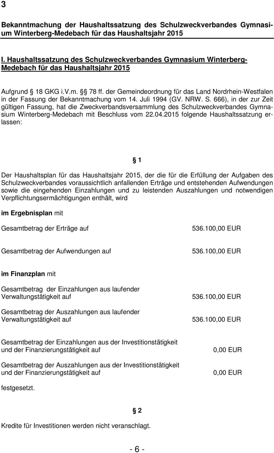 der Gemeindeordnung für das Land Nordrhein-Westfalen in der Fassung der Bekanntmachung vom 14. Juli 1994 (GV. NRW. S.