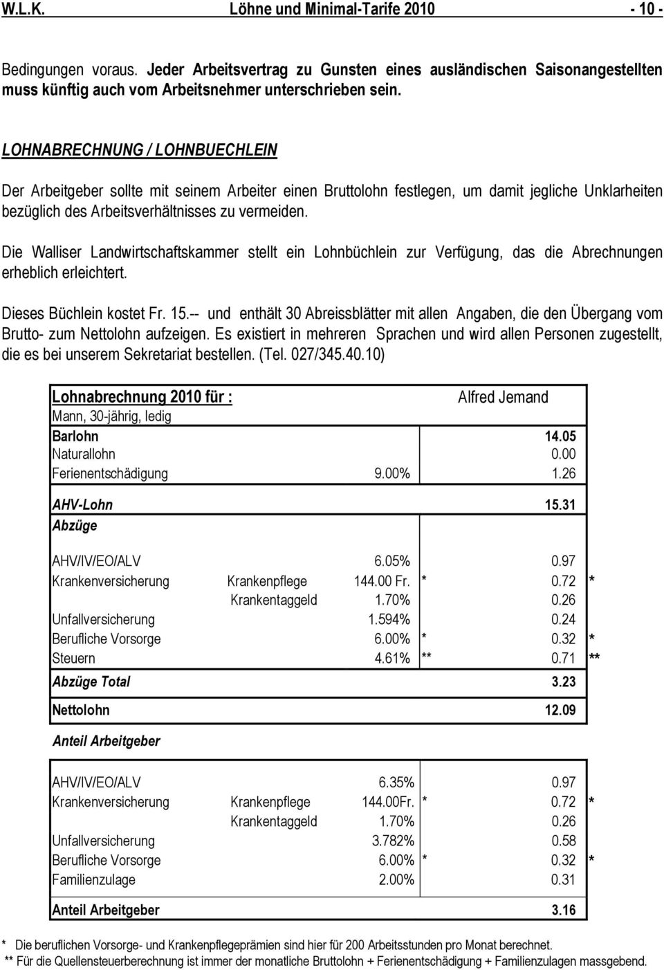 Die Walliser Landwirtschaftskammer stellt ein Lohnbüchlein zur Verfügung, das die Abrechnungen erheblich erleichtert. Dieses Büchlein kostet Fr. 15.