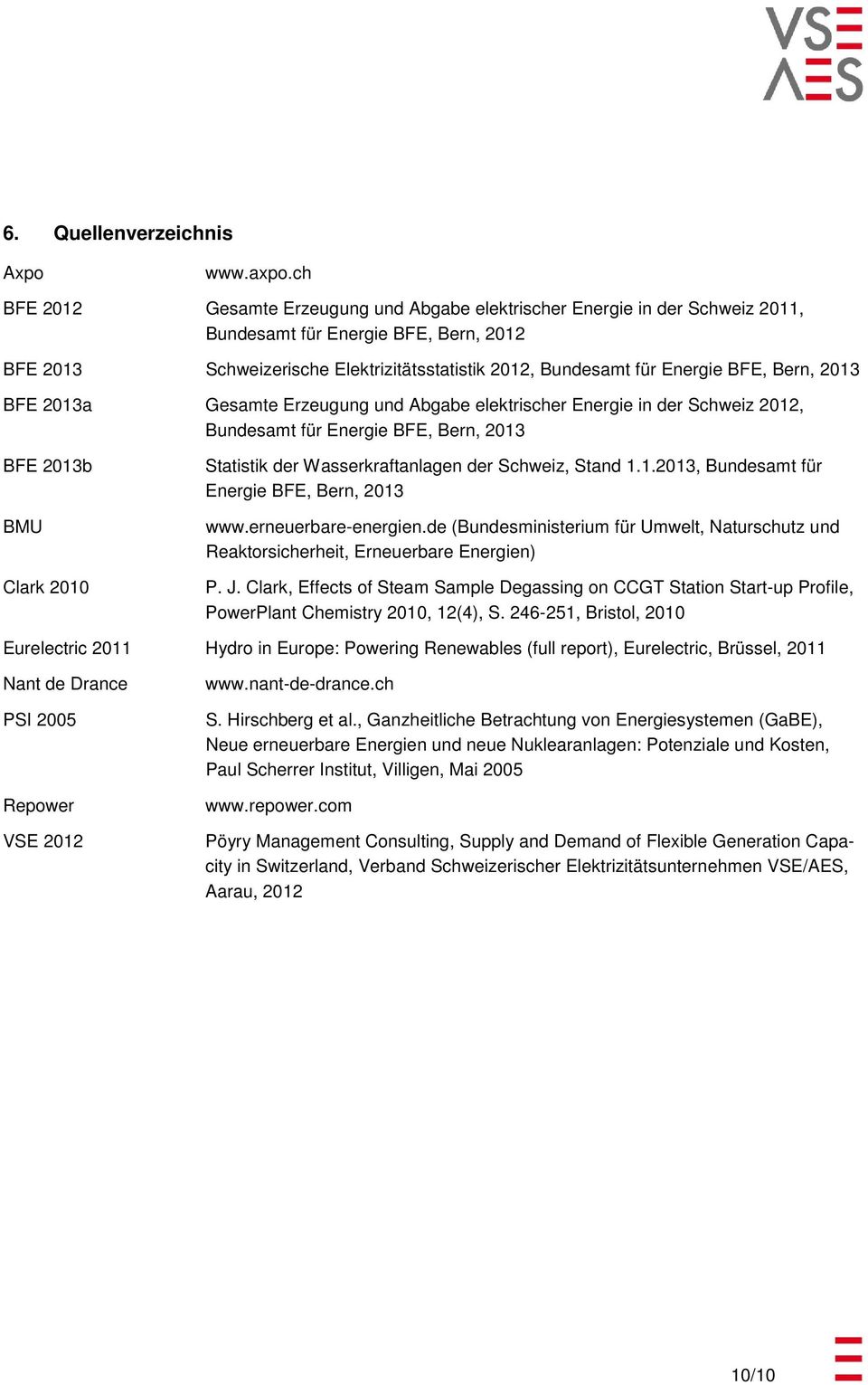 BFE, Bern, 2013 BFE 2013a Gesamte Erzeugung und Abgabe elektrischer Energie in der Schweiz 2012, Bundesamt für Energie BFE, Bern, 2013 BFE 2013b BMU Clark 2010 Statistik der Wasserkraftanlagen der