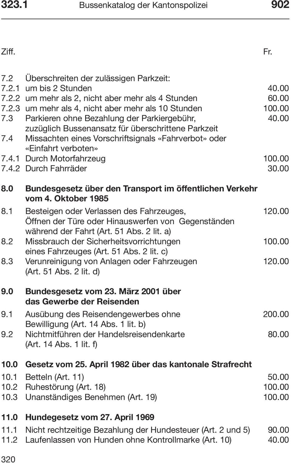 00 7.4.2 Durch Fahrräder 30.00 8.0 Bundesgesetz über den Transport im öffentlichen Verkehr vom 4. Oktober 1985 8.1 Besteigen oder Verlassen des Fahrzeuges, 120.