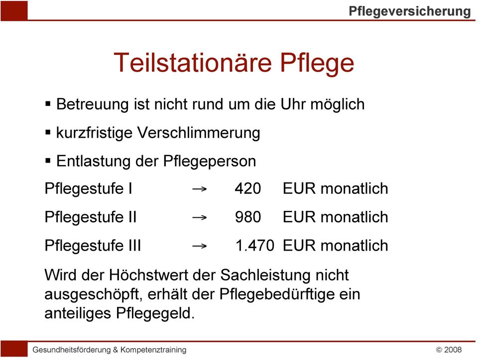 Pflegestufe II 980 EUR monatlich Pflegestufe III 1.