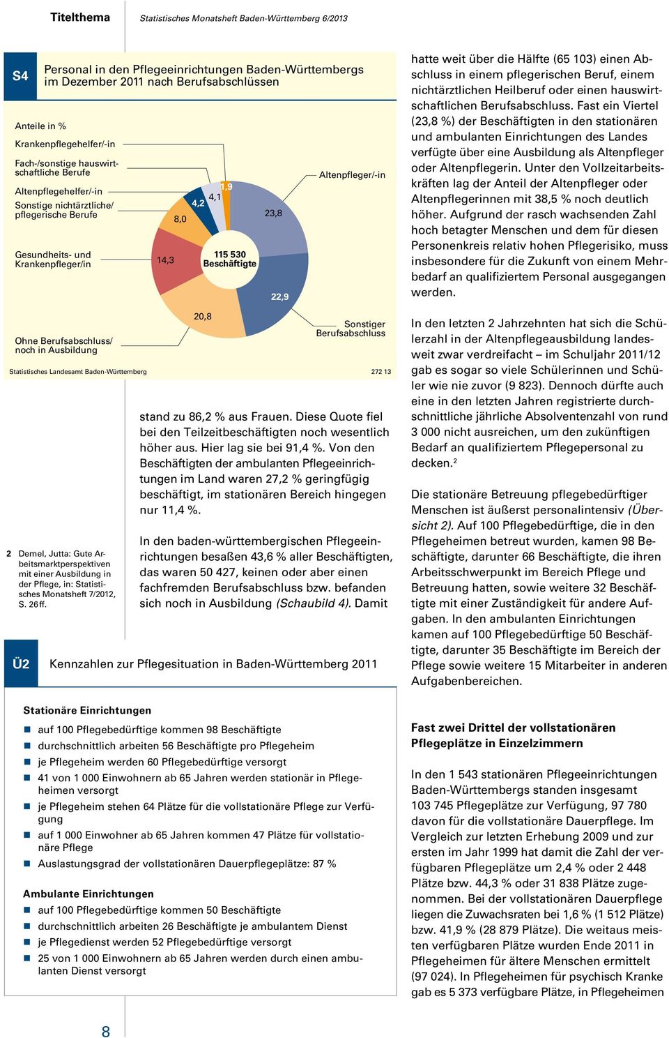 Baden-Württemberg 272 13 2 Demel, Jutta: Gute Arbeitsmarktperspektiven mit einer Ausbildung in der Pflege, in: Statistisches Monatsheft 7/2012, S. 26 ff.