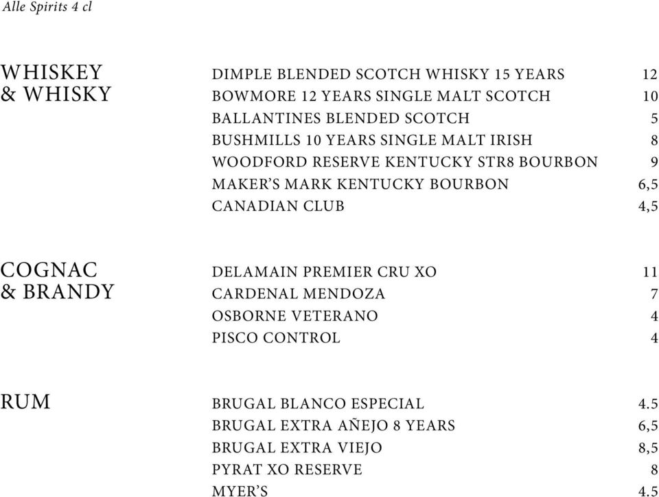Kentucky Bourbon 6,5 canadian Club 4,5 Cognac Delamain Premier Cru XO 11 & Brandy Cardenal Mendoza 7 Osborne Veterano 4
