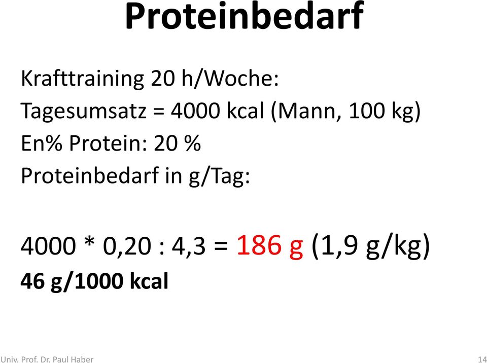 Protein: 20 % Proteinbedarf in g/tag: 4000 * 0,20