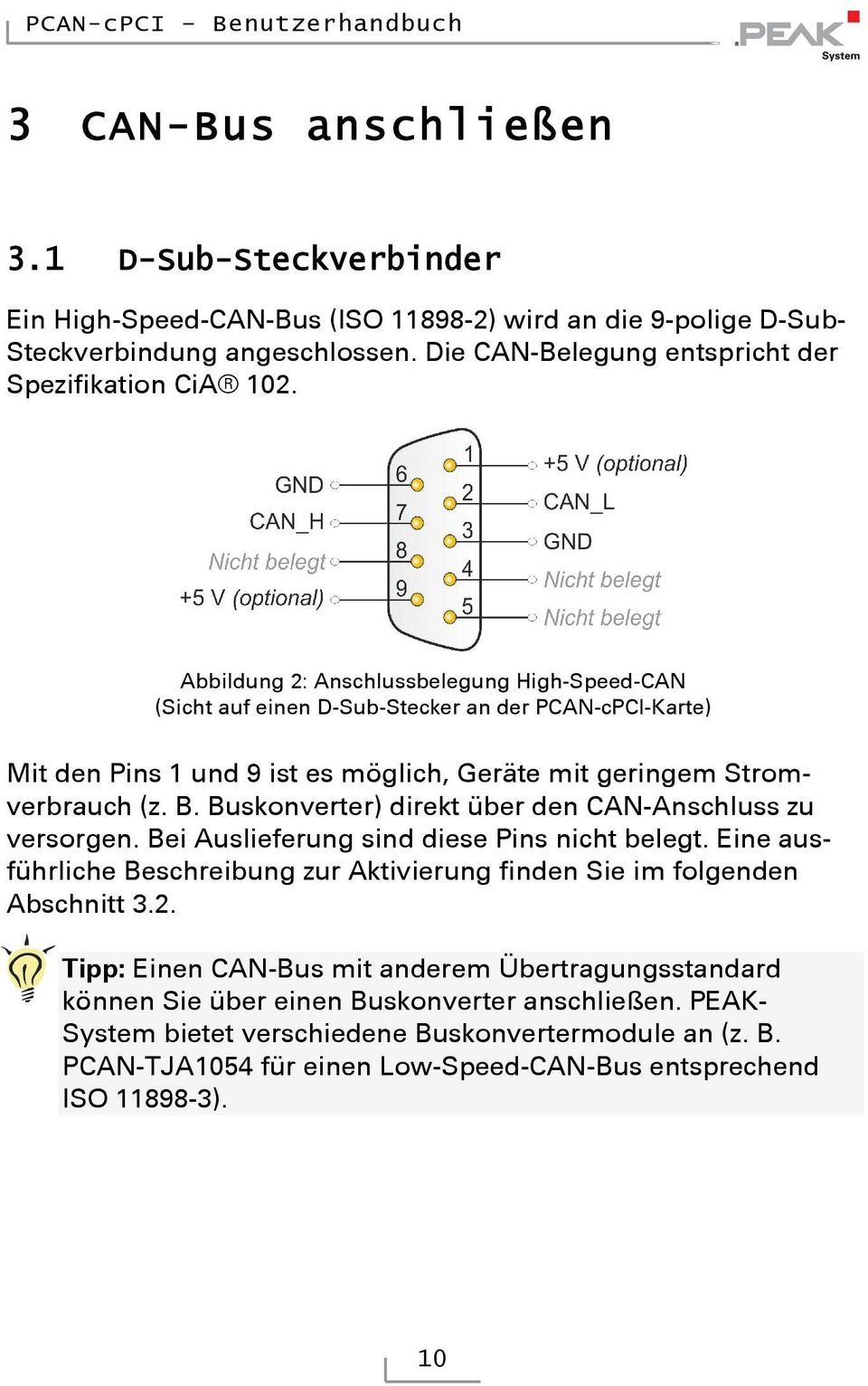 Buskonverter) direkt über den CAN-Anschluss zu versorgen. Bei Auslieferung sind diese Pins nicht belegt. Eine ausführliche Beschreibung zur Aktivierung finden Sie im folgenden Abschnitt 3.2.