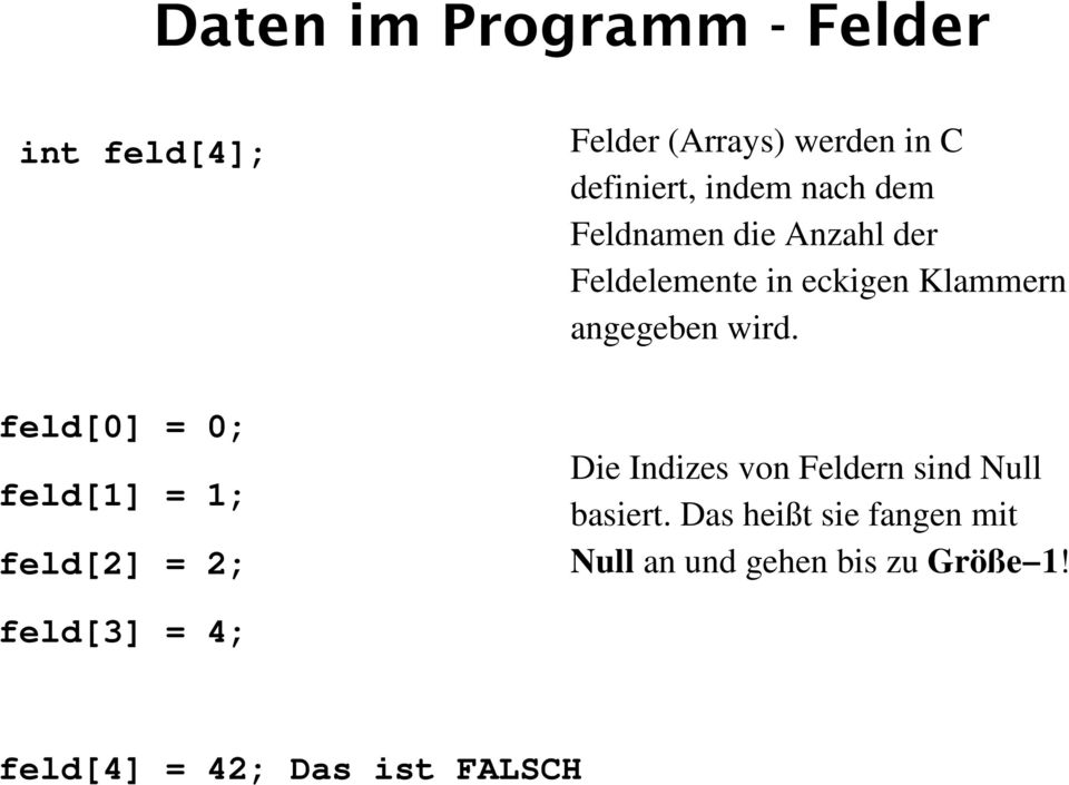 feld[0] = 0; feld[1] = 1; feld[2] = 2; Die Indizes von Feldern sind Null basiert.