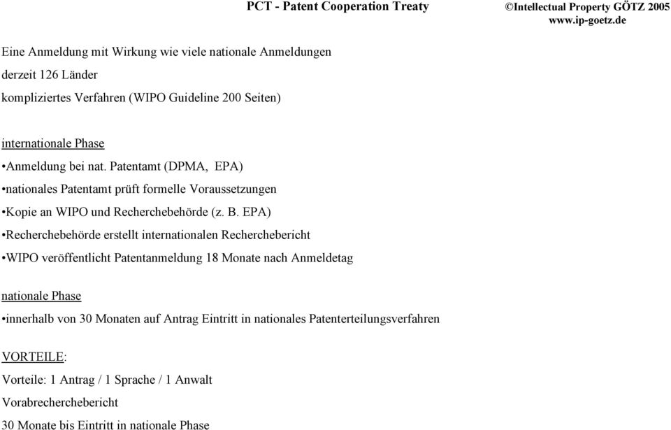 Patentamt (DPMA, EPA) nationales Patentamt prüft formelle Voraussetzungen Kopie an WIPO und Recherchebehörde (z. B.