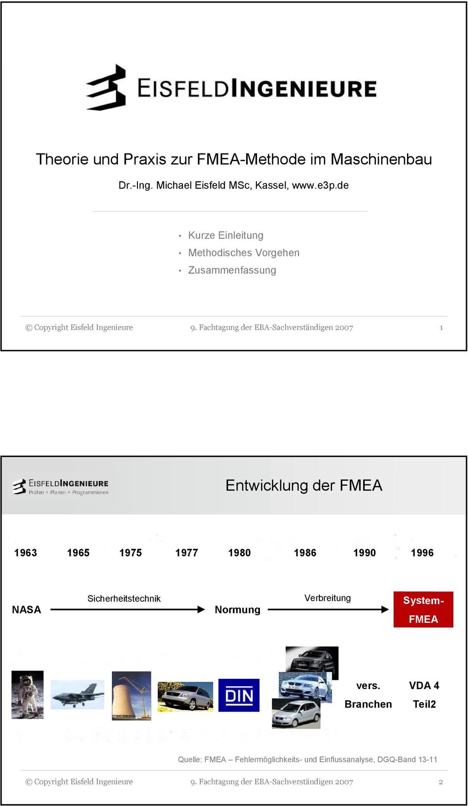 Fachtagung der EBA-Sachverständigen 2007 1 Entwicklung der FMEA 1963 1965 1975 1977 1980 1986 1990 1996 Sicherheitstechnik NASA