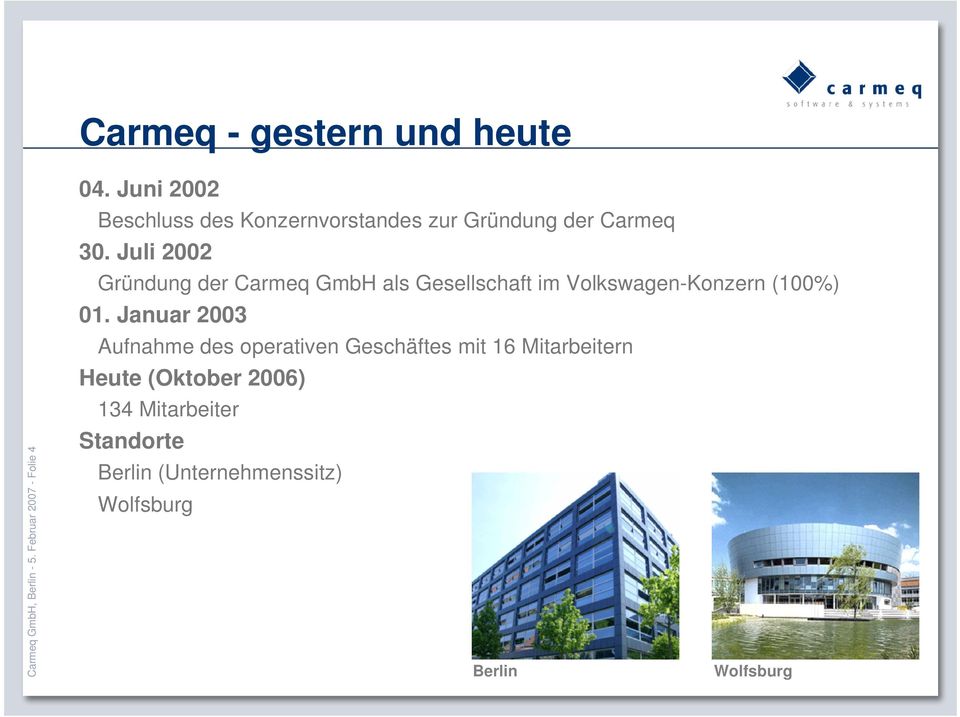 Juli 2002 Gründung der Carmeq GmbH als Gesellschaft im Volkswagen-Konzern (100%) 01.