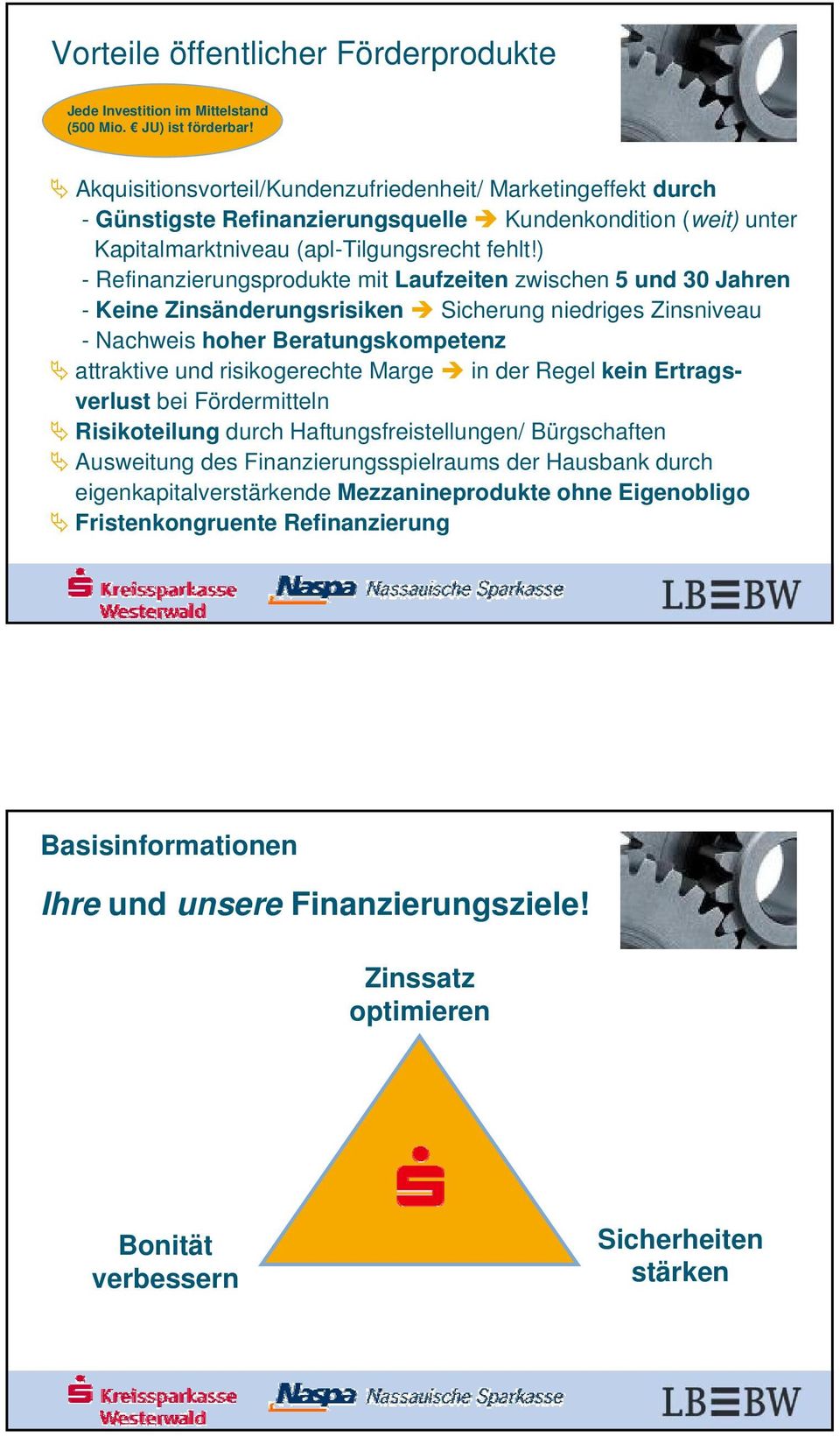 ) - Refinanzierungsprodukte mit Laufzeiten zwischen 5 und 30 Jahren - Keine Zinsänderungsrisiken Sicherung niedriges Zinsniveau - Nachweis hoher Beratungskompetenz attraktive und risikogerechte Marge