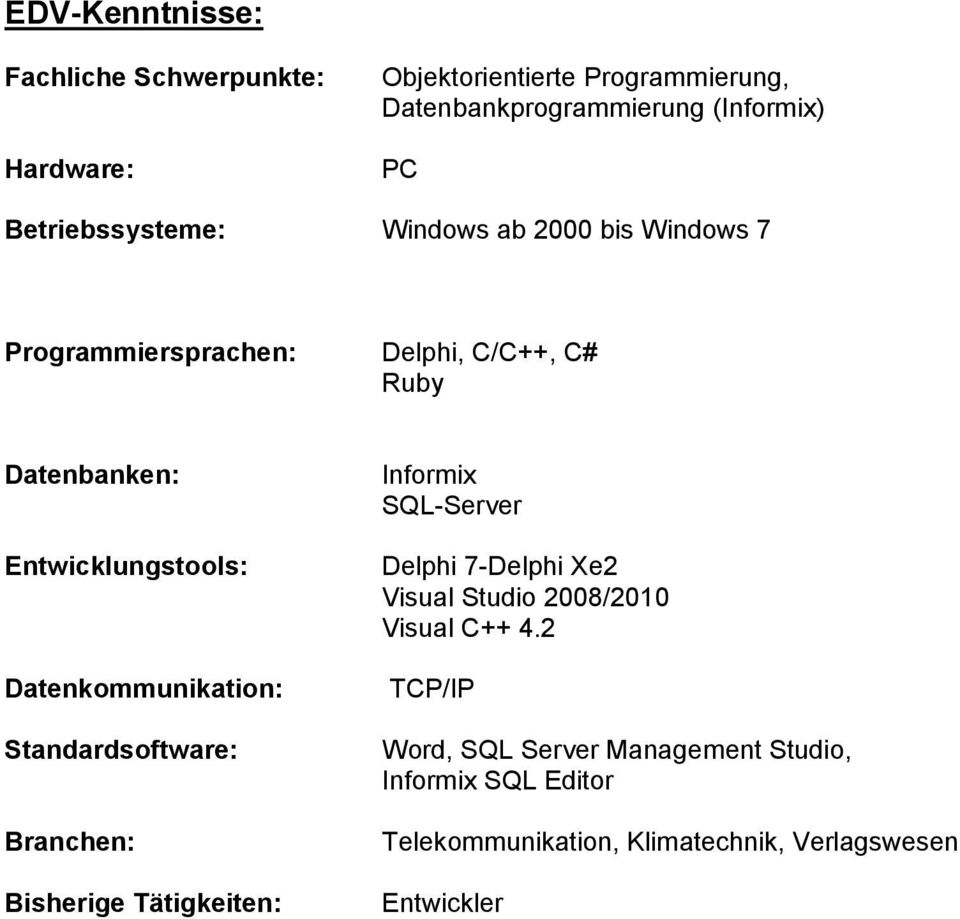 Datenkommunikation: Standardsoftware: Branchen: Bisherige Tätigkeiten: Informix SQL-Server Delphi 7-Delphi Xe2 Visual Studio