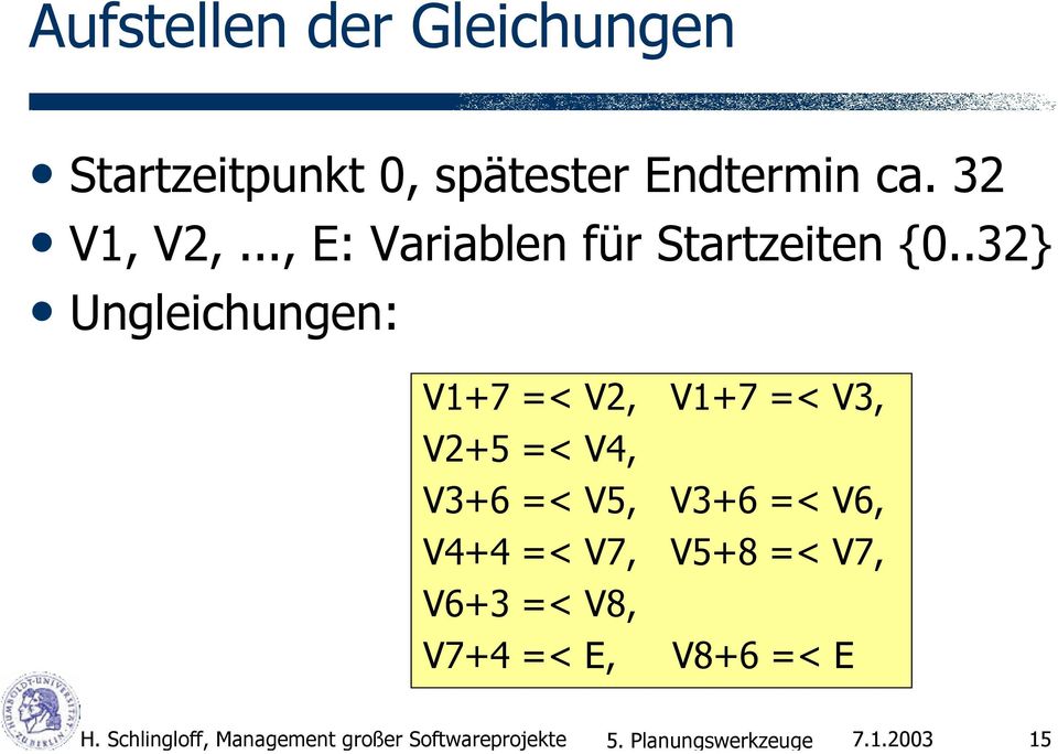 32 V1, V2,..., E: Variablen für Startzeiten {0.