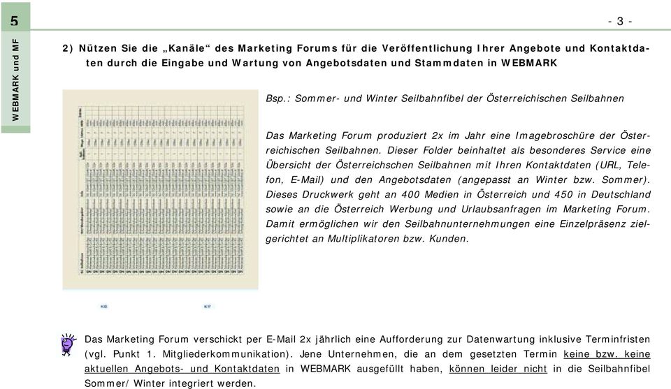 Dieser Folder beinhaltet als besonderes Service eine Übersicht der Österreichschen Seilbahnen mit Ihren Kontaktdaten (URL, Telefon, E-Mail) und den Angebotsdaten (angepasst an Winter bzw. Sommer).