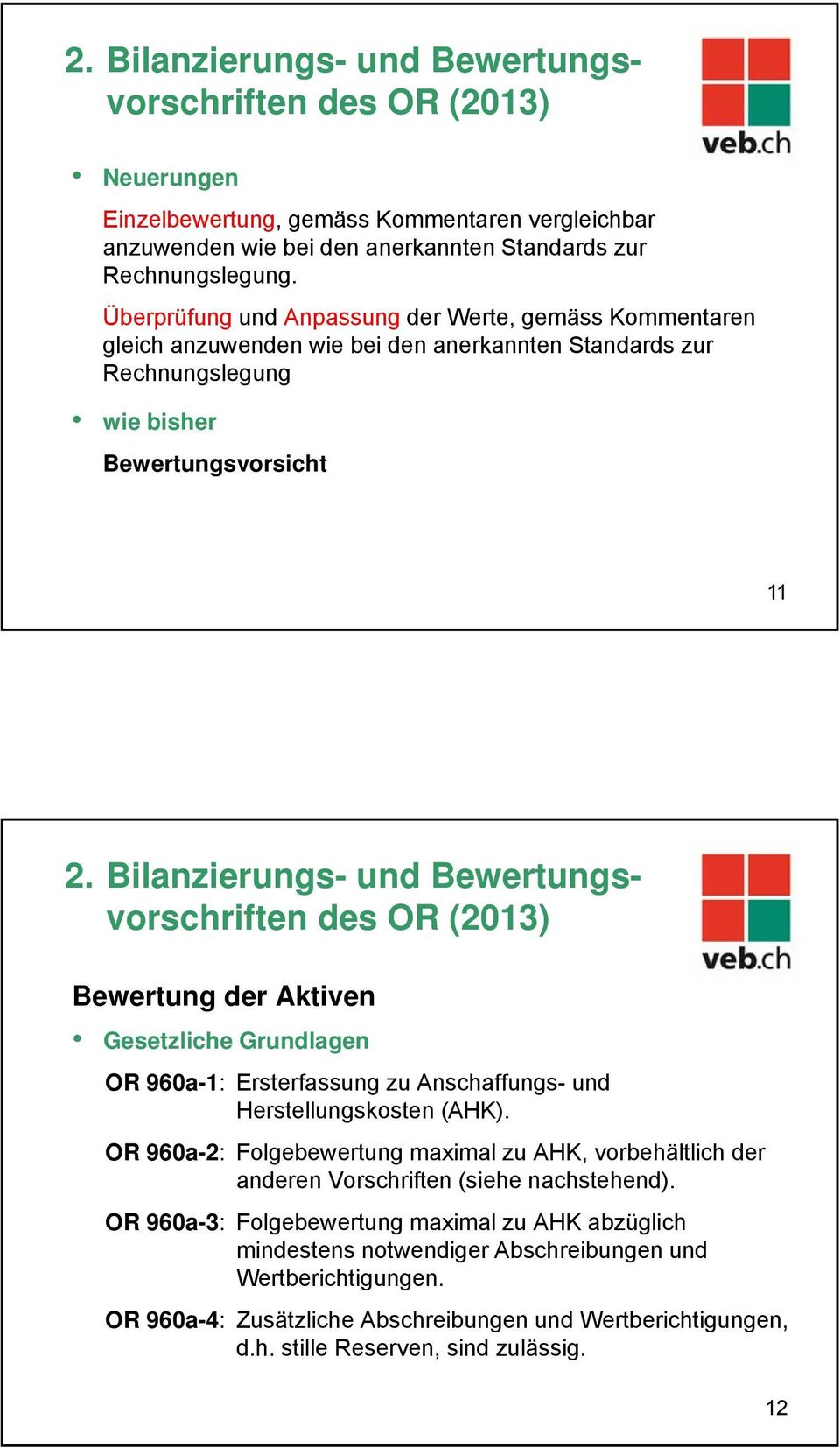 Bilanzierungs- und Bewertungsvorschriften des OR (2013) Bewertung der Aktiven Gesetzliche Grundlagen OR 960a-1: Ersterfassung zu Anschaffungs- und Herstellungskosten (AHK).