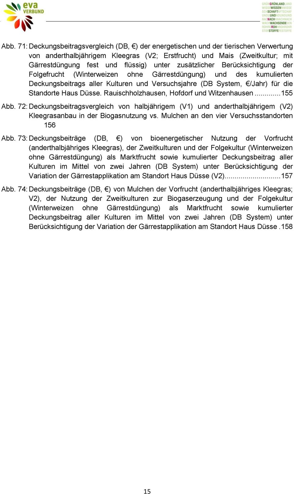 Düsse. Rauischholzhausen, Hofdorf und Witzenhausen... 155 Abb. 72: Deckungsbeitragsvergleich von halbjährigem (V1) und anderthalbjährigem (V2) Kleegrasanbau in der Biogasnutzung vs.