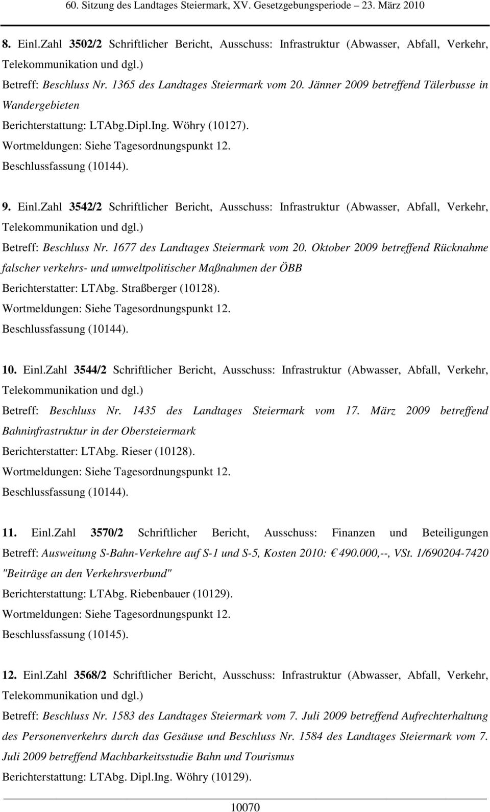 Zahl 3542/2 Schriftlicher Bericht, Ausschuss: Infrastruktur (Abwasser, Abfall, Verkehr, Telekommunikation und dgl.) Betreff: Beschluss Nr. 1677 des Landtages Steiermark vom 20.