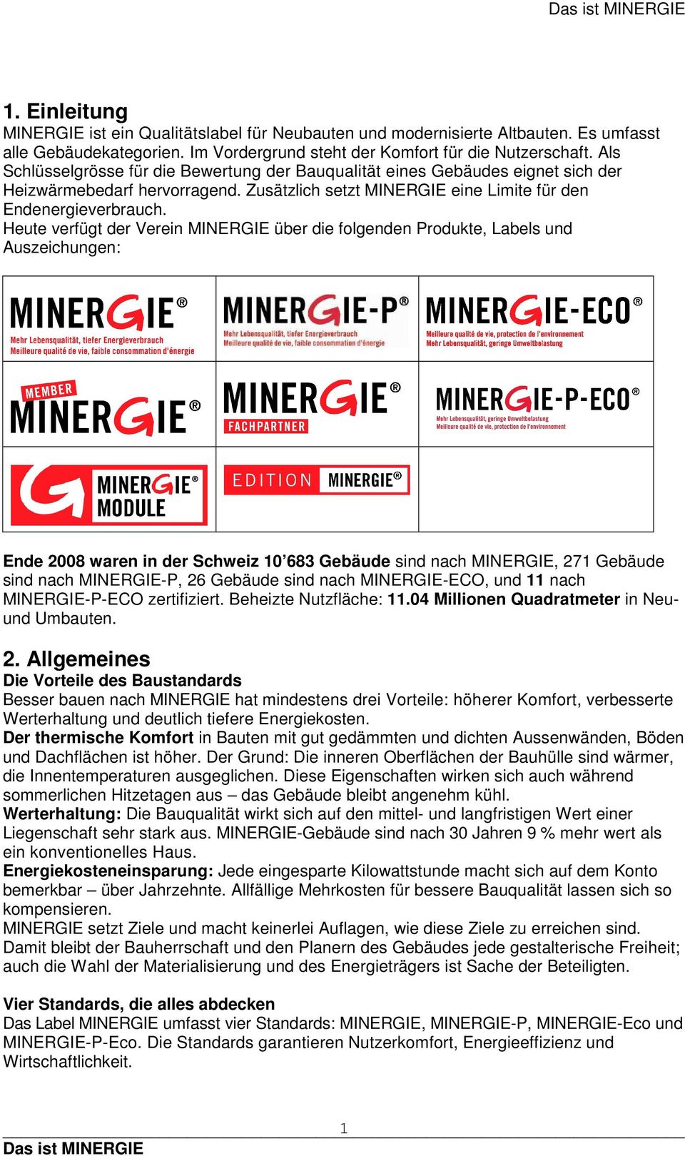 Heute verfügt der Verein MINERGIE über die folgenden Produkte, Labels und Auszeichungen: Ende 2008 waren in der Schweiz 10 683 Gebäude sind nach MINERGIE, 271 Gebäude sind nach MINERGIE-P, 26 Gebäude