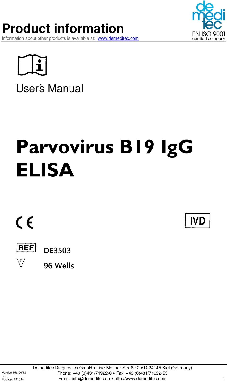 com Userś Manual Parvovirus B19 IgG ELISA DE3503 96