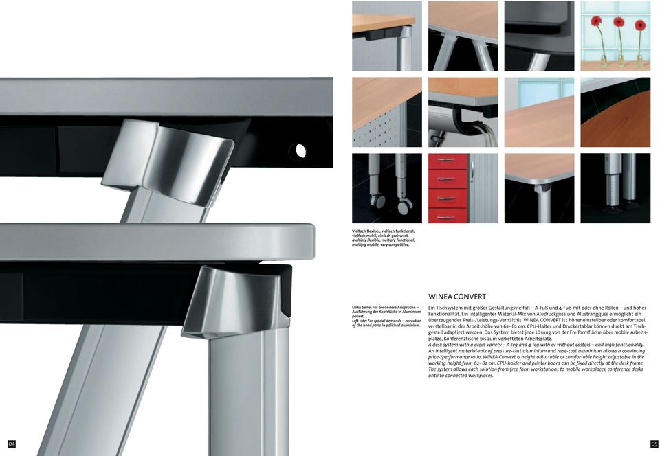 WINEA CONVERT Ein Tischsystem mit großer Gestaltungsvielfalt A-Fuß und 4-Fuß mit oder ohne Rollen und hoher Funktionalität.