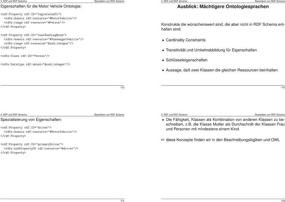 rdf:about="&xsd;integer"/> Ausblick: Mächtigere Ontologiesprachen Konstrukte die wünschenswert sind, die aber nicht in RDF Schema enthalten sind: Cardinality Constraints Transitivität und