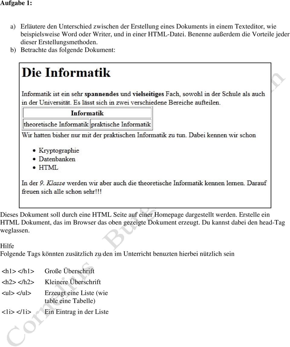 b) Betrachte das folgende Dokument: Dieses Dokument soll durch eine HTML Seite auf einer Homepage dargestellt werden.